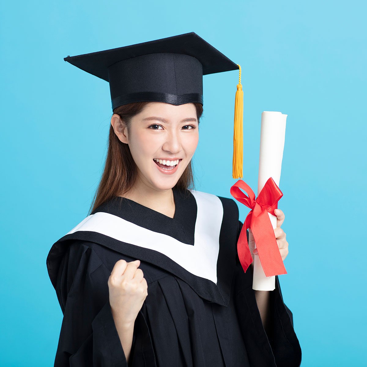 happy,asian,female,graduate,student,holding,diploma,isolated